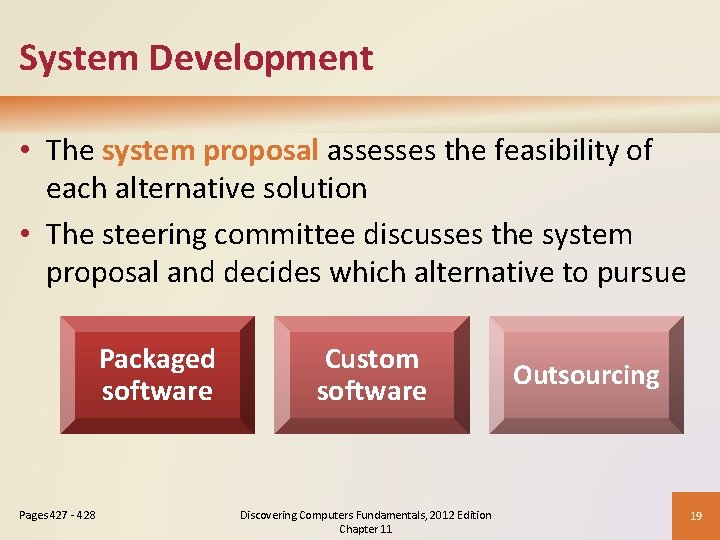 System Development • The system proposal assesses the feasibility of each alternative solution •