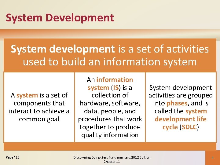 System Development System development is a set of activities used to build an information