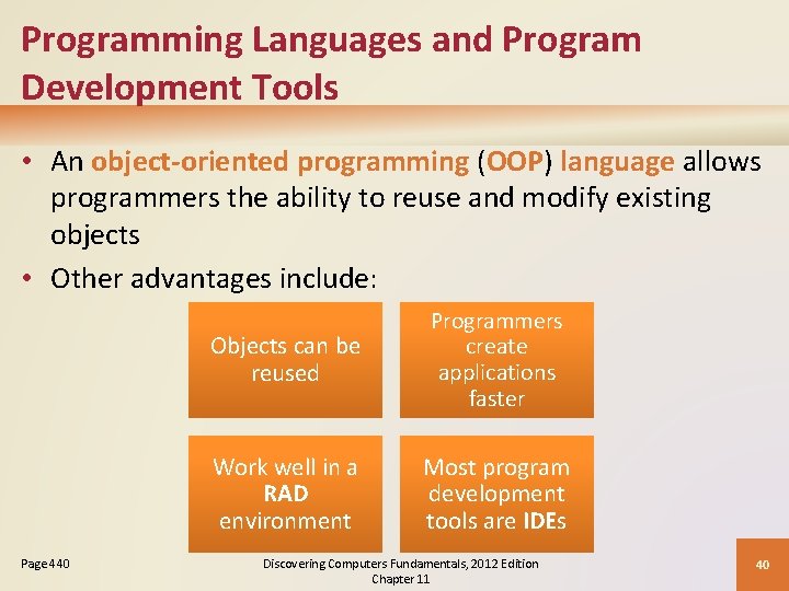 Programming Languages and Program Development Tools • An object-oriented programming (OOP) language allows programmers