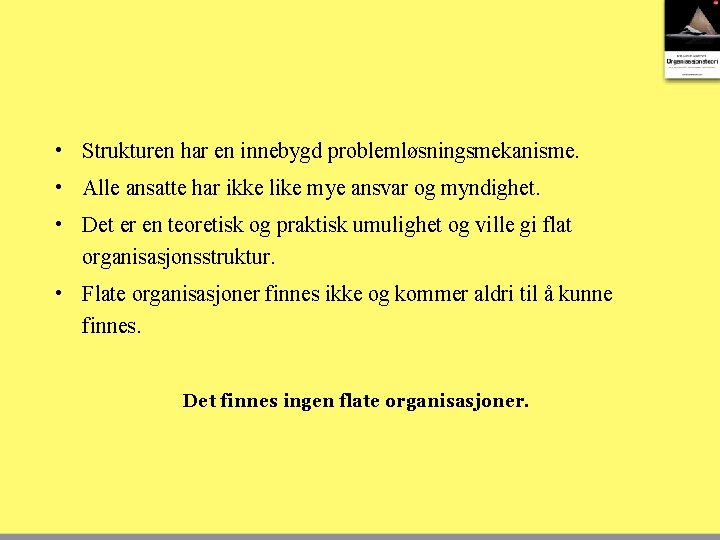  • Strukturen har en innebygd problemløsningsmekanisme. • Alle ansatte har ikke like mye