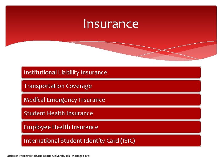 Insurance Institutional Liability Insurance Transportation Coverage Medical Emergency Insurance Student Health Insurance Employee Health