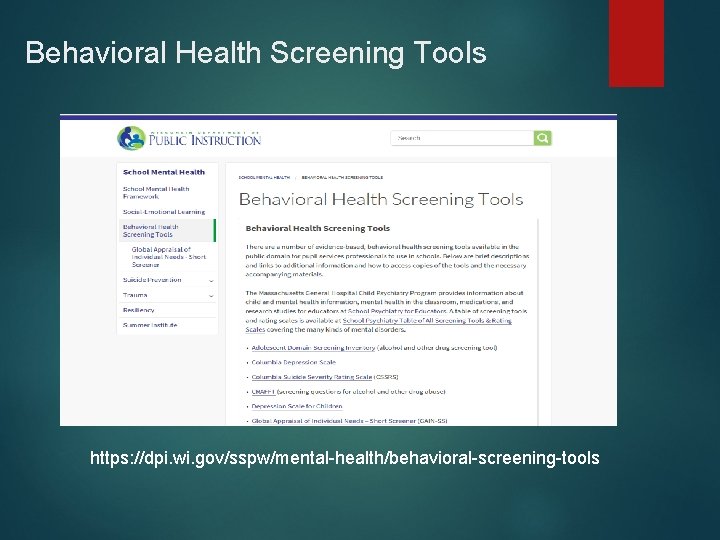 Behavioral Health Screening Tools https: //dpi. wi. gov/sspw/mental-health/behavioral-screening-tools Behavioral Health Screening Tools https: //dpi. wi. gov/sspw/mental-health/behavioral-screening-tools