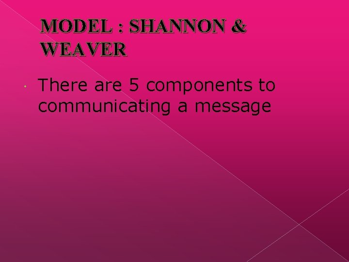 MODEL : SHANNON & WEAVER There are 5 components to communicating a message 