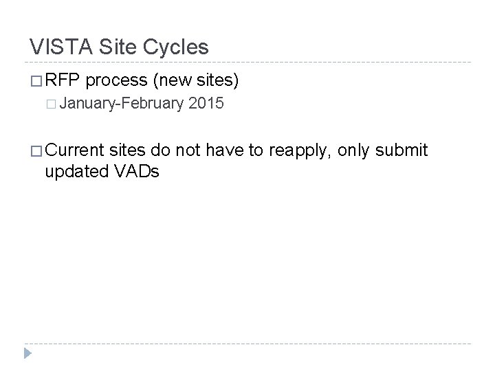 VISTA Site Cycles � RFP process (new sites) � January-February � Current 2015 sites