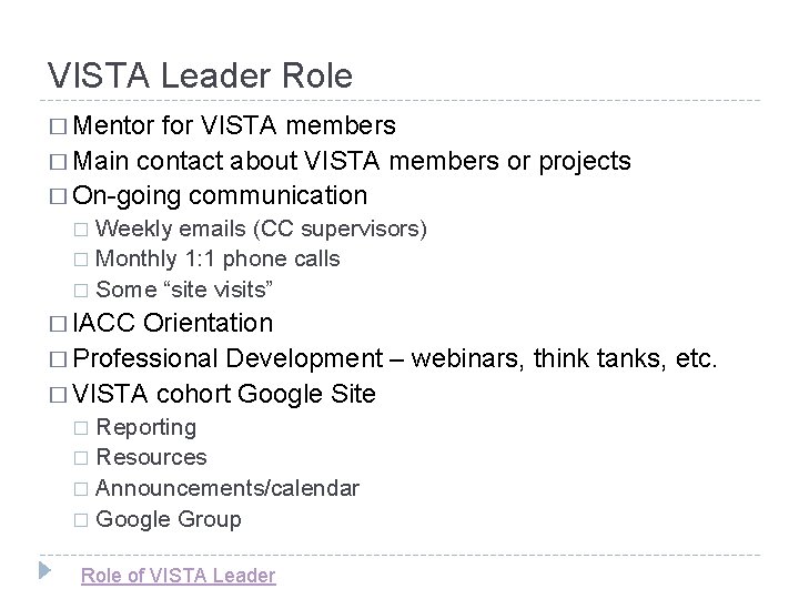 VISTA Leader Role � Mentor for VISTA members � Main contact about VISTA members