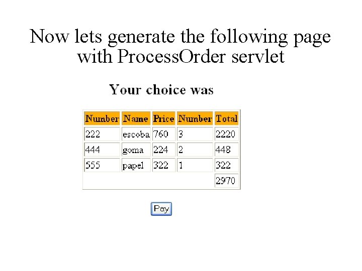 Now lets generate the following page with Process. Order servlet 