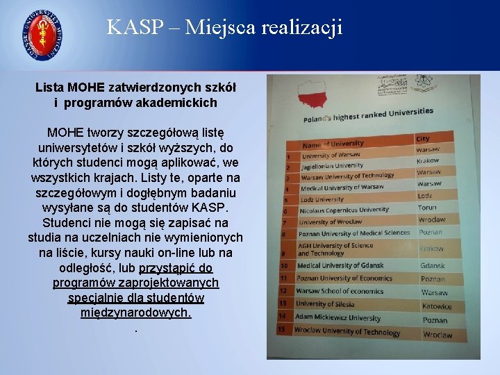 KASP – Miejsca realizacji Lista MOHE zatwierdzonych szkół i programów akademickich MOHE tworzy szczegółową