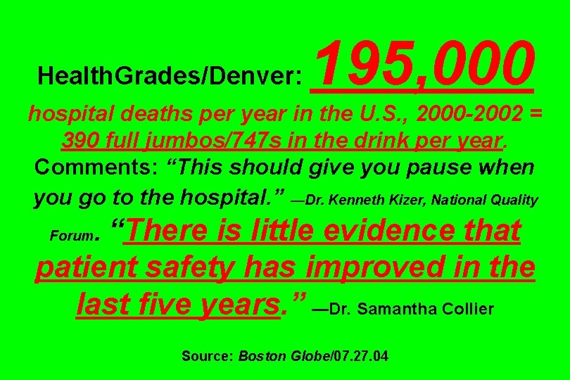 Health. Grades/Denver: 195, 000 hospital deaths per year in the U. S. , 2000