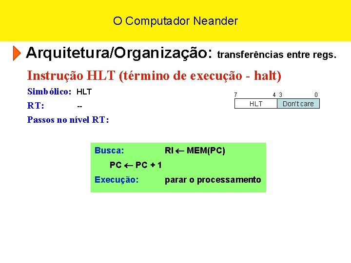 O Computador Neander Arquitetura/Organização: transferências entre regs. Instrução HLT (término de execução - halt)