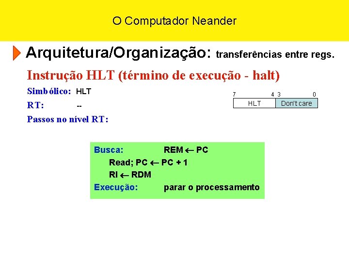 O Computador Neander Arquitetura/Organização: transferências entre regs. Instrução HLT (término de execução - halt)