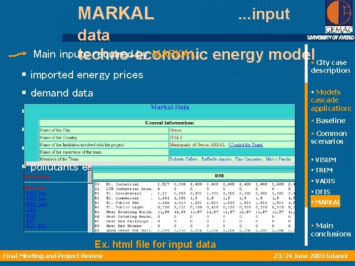 MARKAL . . . input data Main inputs required by MARKAL: energy model techno-economic