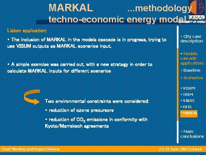 MARKAL . . . methodology techno-economic energy model UNIVERSITY OF AVEIRO Lisbon application: §