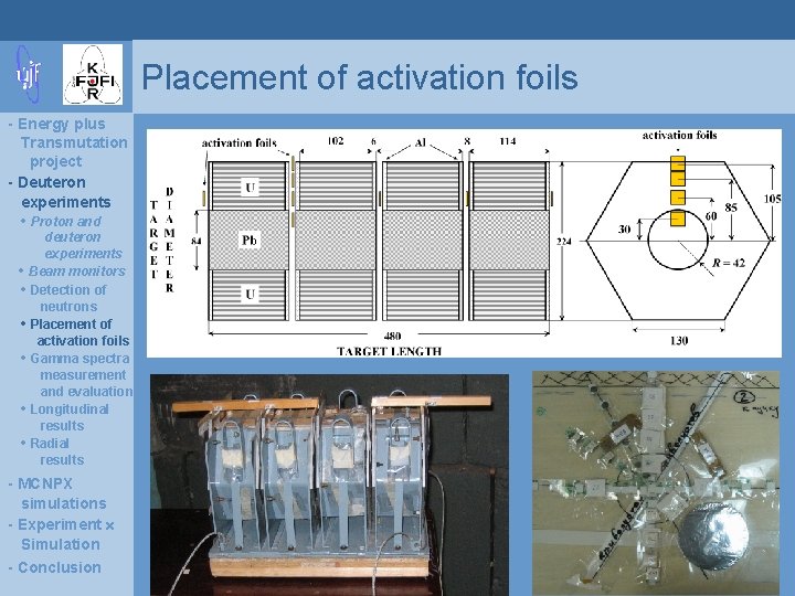 Placement of activation foils - Energy plus Transmutation project - Deuteron experiments • Proton
