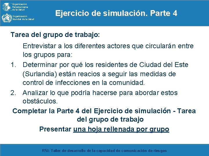 Organización Panamericana de la Salud Organización Mundial de la Salud Ejercicio de simulación. Parte