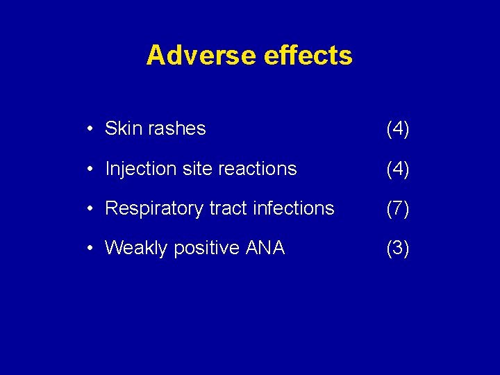 Adverse effects • Skin rashes (4) • Injection site reactions (4) • Respiratory tract