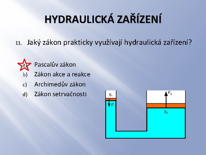 HYDRAULICKÁ ZAŘÍZENÍ Jaký zákon prakticky využívají hydraulická zařízení? 11. a) b) c) d) Pascalův