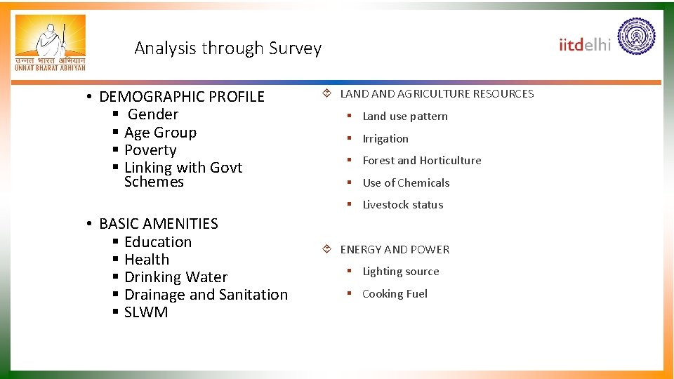 Analysis through Survey • DEMOGRAPHIC PROFILE Gender Age Group Poverty Linking with Govt Schemes