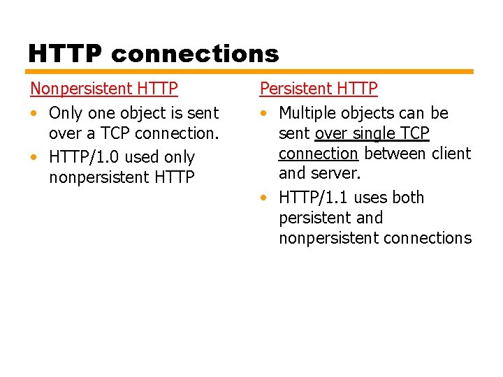 HTTP connections Nonpersistent HTTP • Only one object is sent over a TCP connection.
