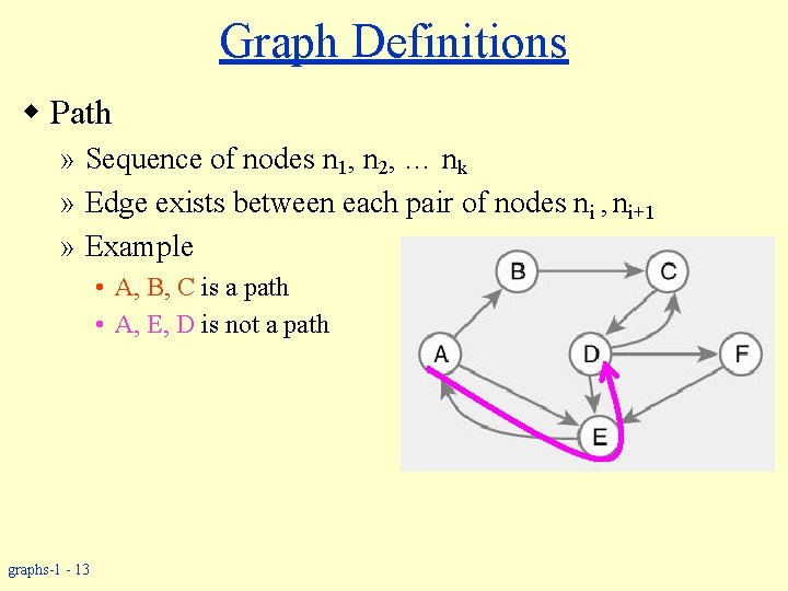 Graph Definitions w Path » Sequence of nodes n 1, n 2, … nk