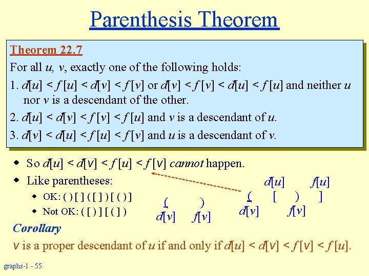 Parenthesis Theorem 22. 7 For all u, v, exactly one of the following holds: