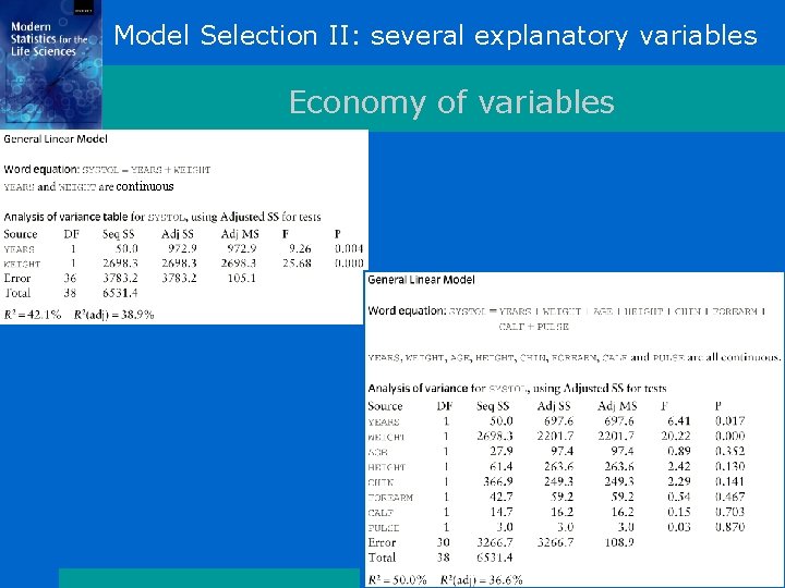 Model Selection II: several explanatory variables Economy of variables continuous 