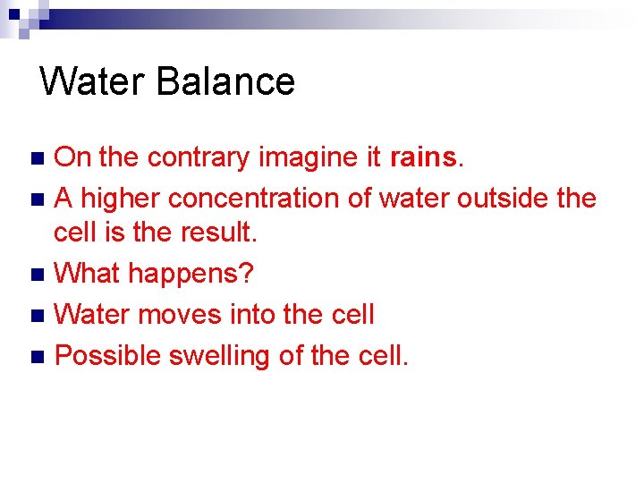 Water Balance On the contrary imagine it rains. n A higher concentration of water