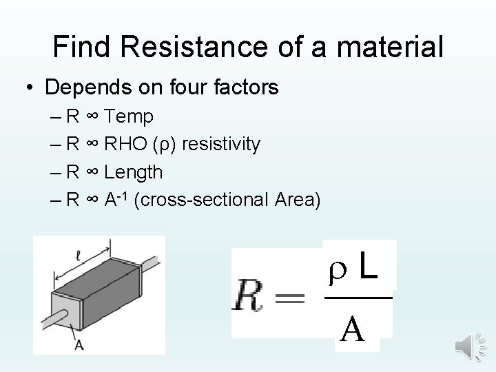 Find Resistance of a material • Depends on four factors – R ∞ Temp