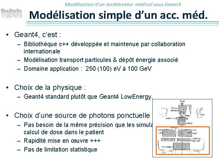 Modélisation d’un accélérateur médical sous Geant 4 Modélisation simple d’un acc. méd. • Geant