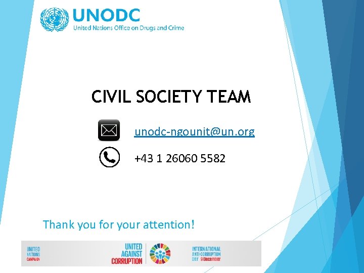 CIVIL SOCIETY TEAM unodc-ngounit@un. org +43 1 26060 5582 Thank you for your attention!