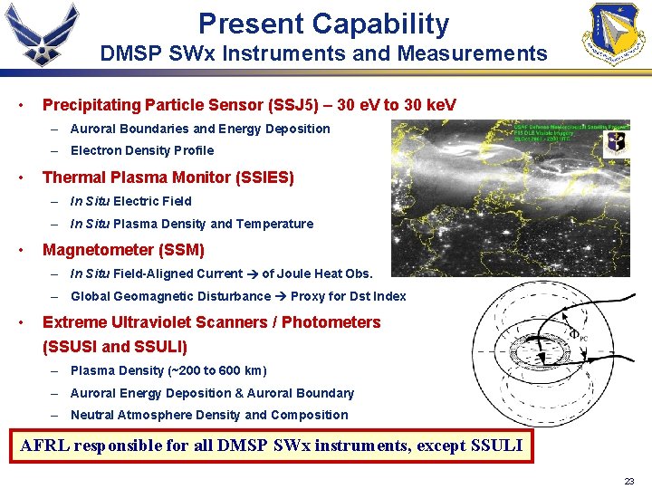 Present Capability DMSP SWx Instruments and Measurements • Precipitating Particle Sensor (SSJ 5) –