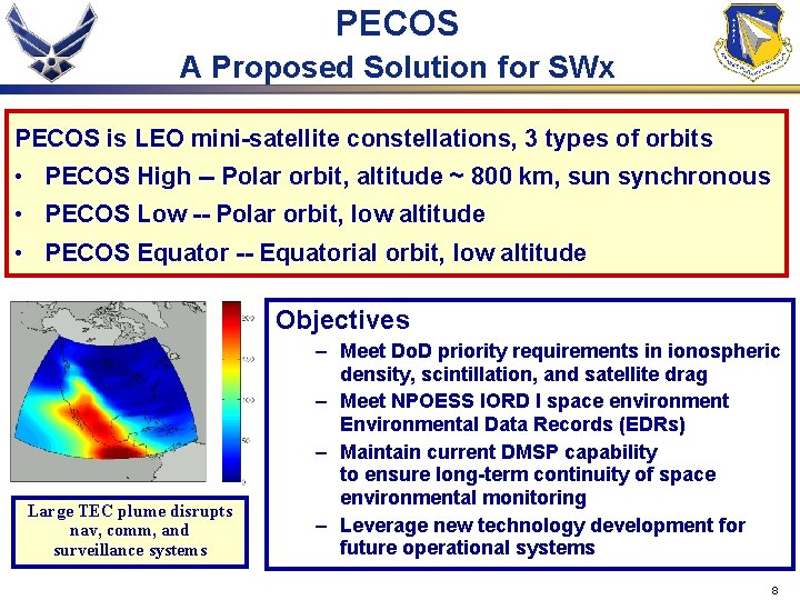 PECOS A Proposed Solution for SWx PECOS is LEO mini-satellite constellations, 3 types of