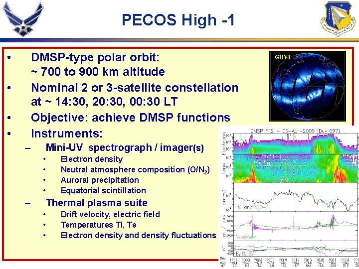 PECOS High -1 • DMSP-type polar orbit: ~ 700 to 900 km altitude Nominal