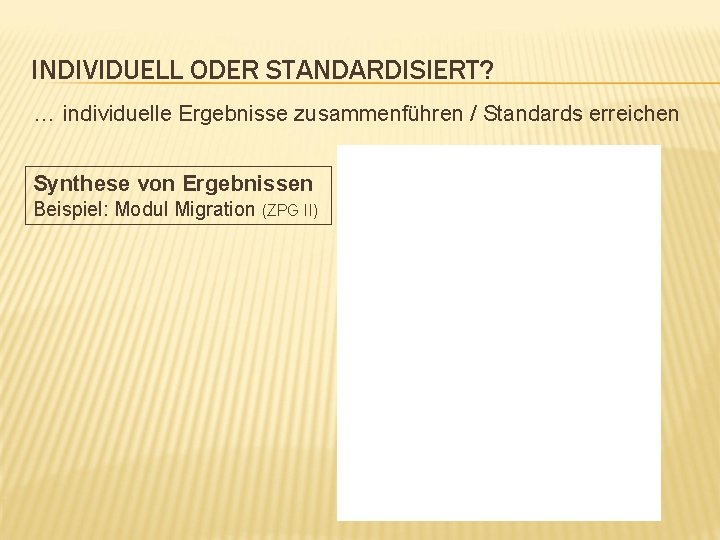 INDIVIDUELL ODER STANDARDISIERT? … individuelle Ergebnisse zusammenführen / Standards erreichen Synthese von Ergebnissen Beispiel: