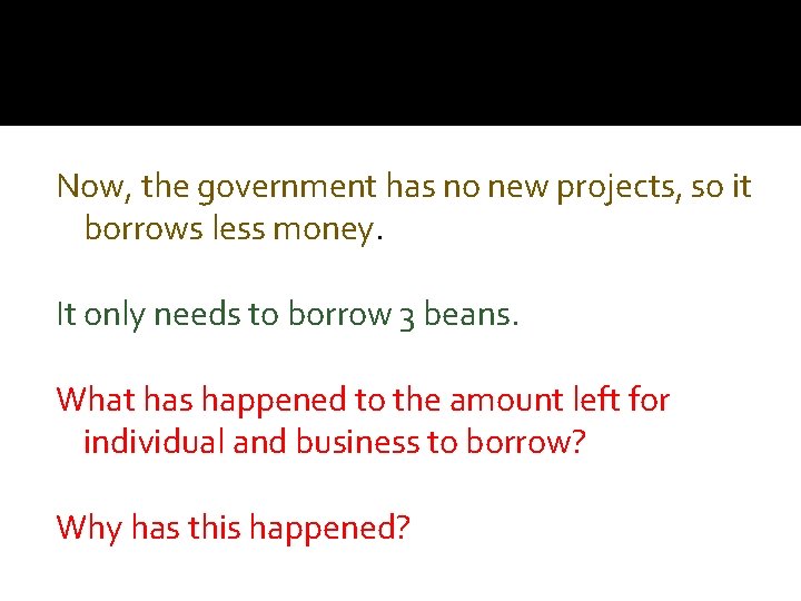 Now, the government has no new projects, so it borrows less money. It only