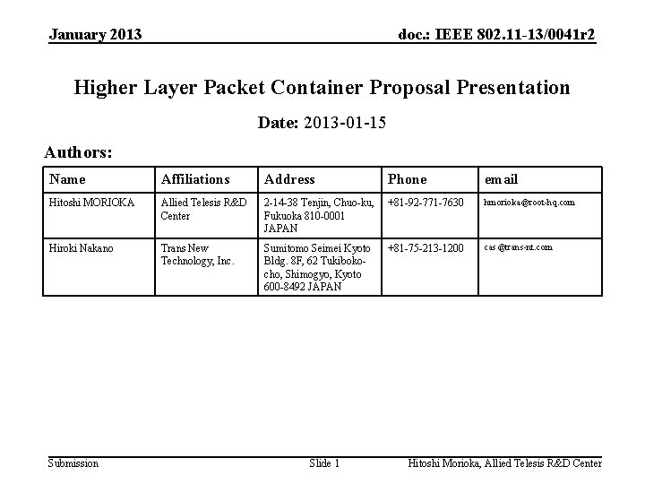 January 2013 doc. : IEEE 802. 11 -13/0041 r 2 Higher Layer Packet Container