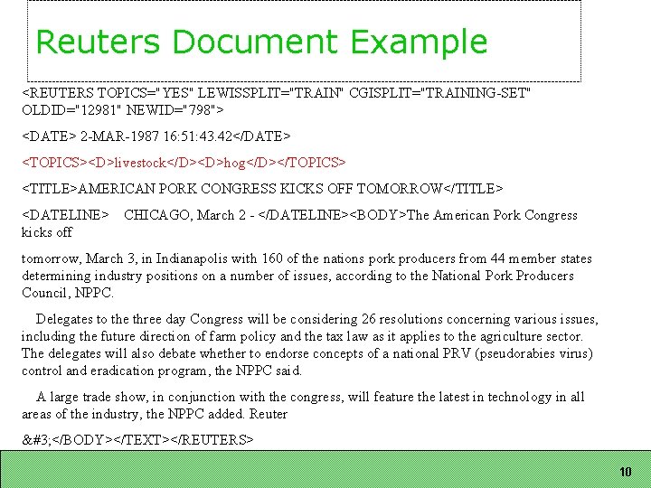 Reuters Document Example <REUTERS TOPICS="YES" LEWISSPLIT="TRAIN" CGISPLIT="TRAINING-SET" OLDID="12981" NEWID="798"> <DATE> 2 -MAR-1987 16: 51: Reuters Document Example <REUTERS TOPICS="YES" LEWISSPLIT="TRAIN" CGISPLIT="TRAINING-SET" OLDID="12981" NEWID="798"> <DATE> 2 -MAR-1987 16: 51: