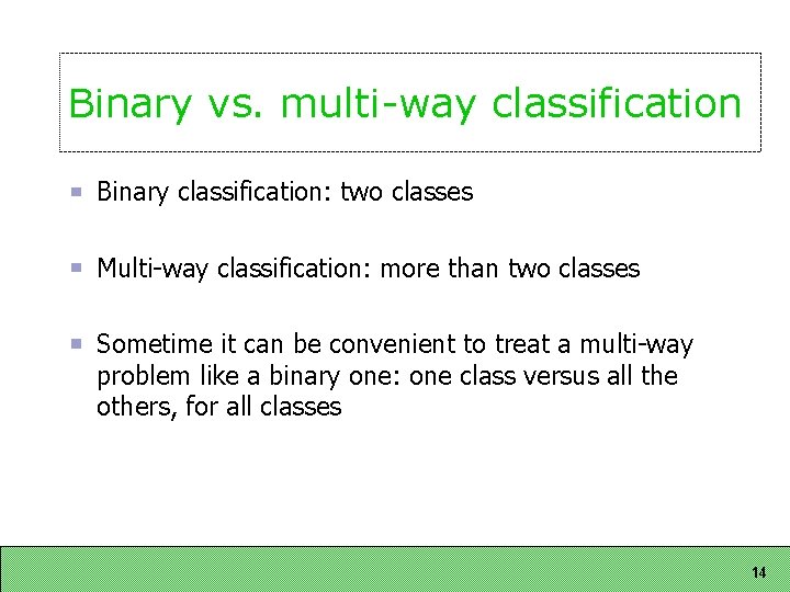 Binary vs. multi-way classification Binary classification: two classes Multi-way classification: more than two classes Binary vs. multi-way classification Binary classification: two classes Multi-way classification: more than two classes
