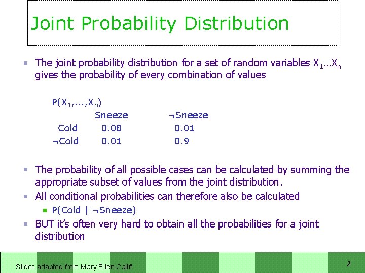 Joint Probability Distribution The joint probability distribution for a set of random variables X Joint Probability Distribution The joint probability distribution for a set of random variables X