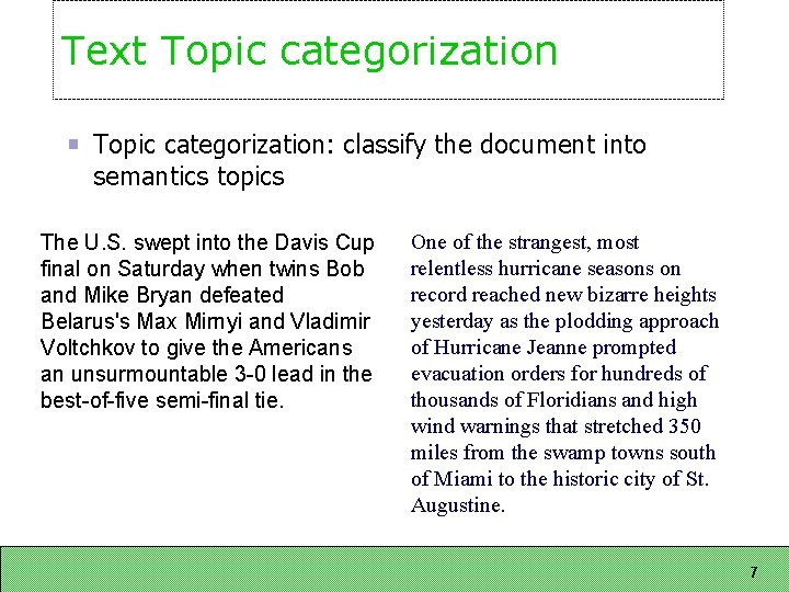Text Topic categorization: classify the document into semantics topics The U. S. swept into Text Topic categorization: classify the document into semantics topics The U. S. swept into