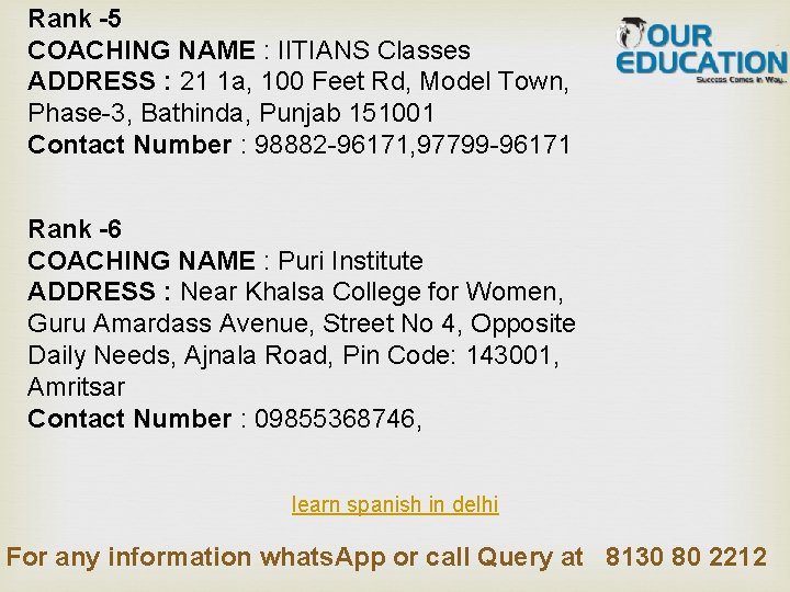 Rank -5 COACHING NAME : IITIANS Classes ADDRESS : 21 1 a, 100 Feet