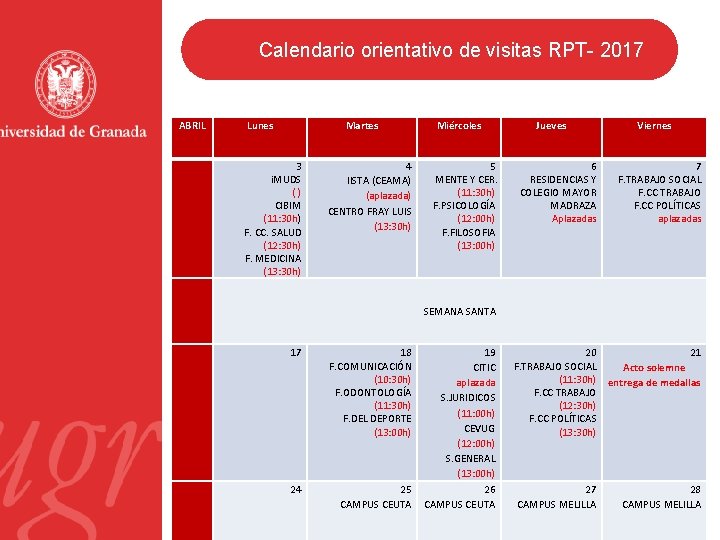 Calendario orientativo de visitas RPT- 2017 ABRIL Lunes Martes 3 i. MUDS () CIBIM
