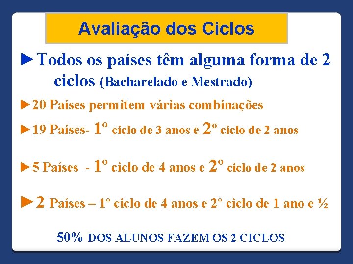 Avaliação dos Ciclos ►Todos os países têm alguma forma de 2 ciclos (Bacharelado e