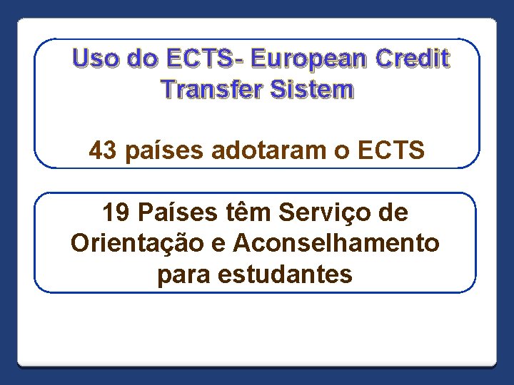 Uso do ECTS- European Credit Transfer Sistem 43 países adotaram o ECTS 19 Países