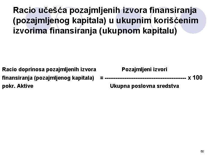 Racio učešća pozajmljenih izvora finansiranja (pozajmljenog kapitala) u ukupnim korišćenim izvorima finansiranja (ukupnom kapitalu)