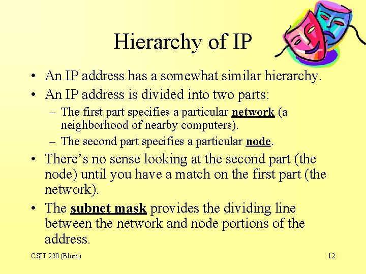 Hierarchy of IP • An IP address has a somewhat similar hierarchy. • An