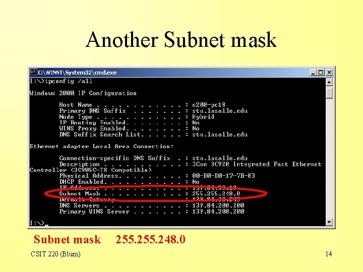 Another Subnet mask CSIT 220 (Blum) 255. 248. 0 14 