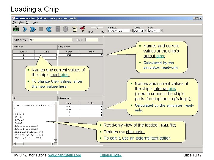 Loading a Chip § Names and current values of the chip’s output pins; §