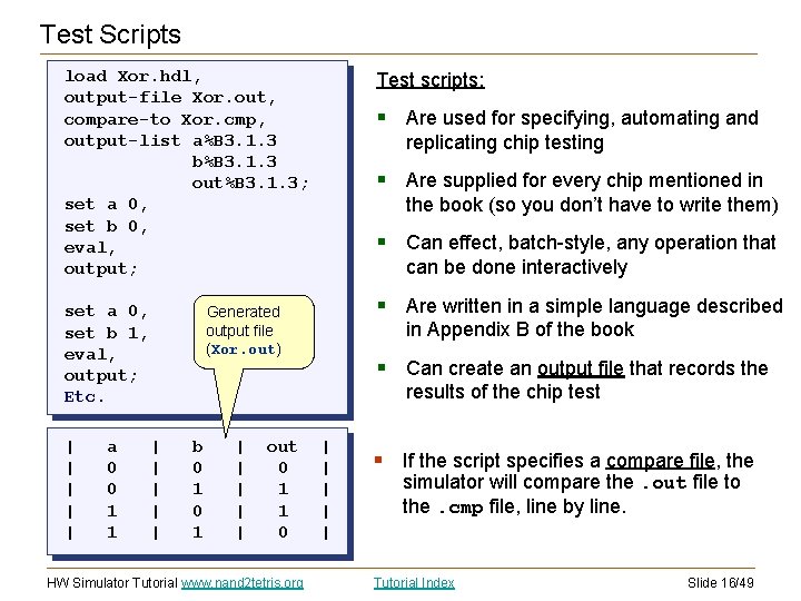 Test Scripts load Xor. hdl, output-file Xor. out, compare-to Xor. cmp, output-list a%B 3.