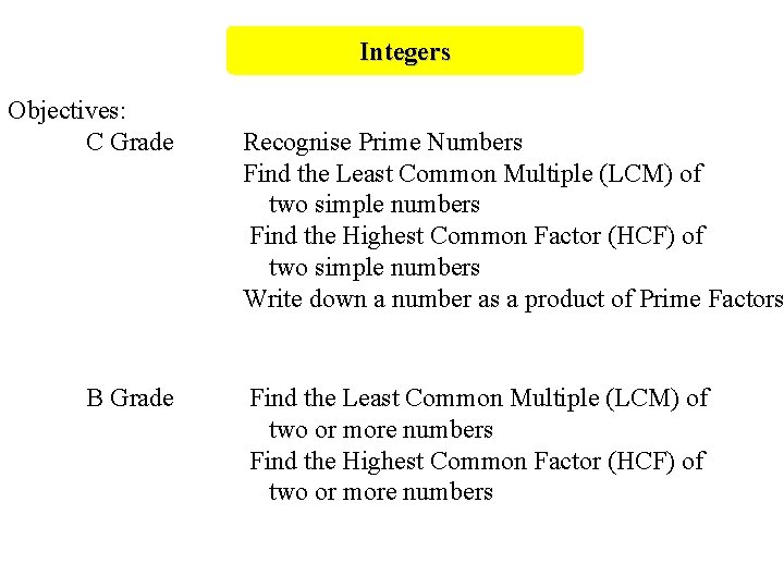 Integers Objectives: C Grade B Grade Recognise Prime Numbers Find the Least Common Multiple
