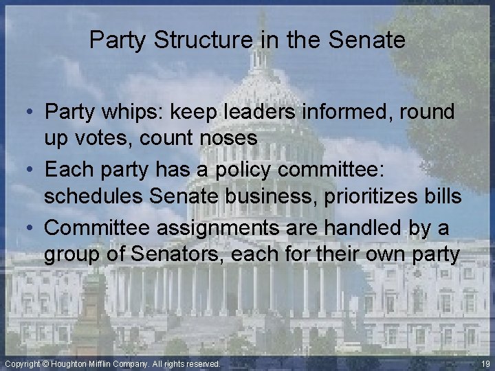 Party Structure in the Senate • Party whips: keep leaders informed, round up votes,